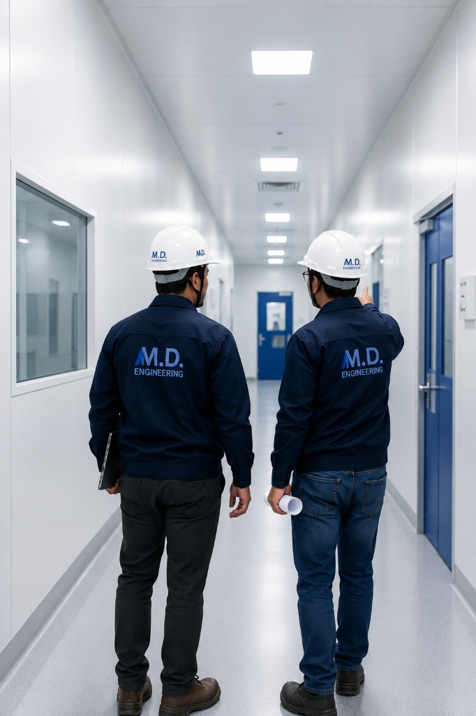 M.D. Engineering technical team walking in controlled cleanroom corridor