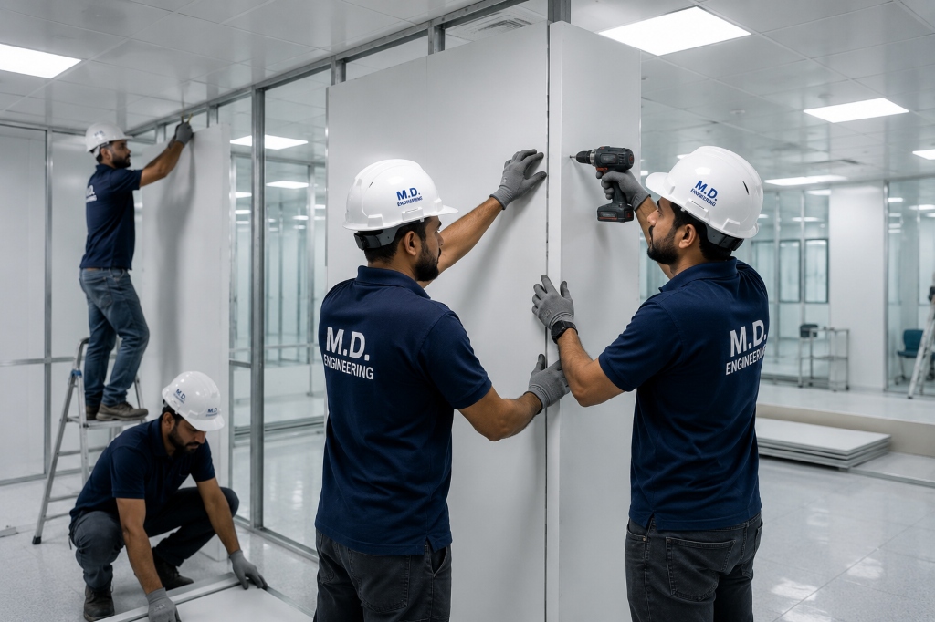 Controlled environment wall panel mounting and adjustments